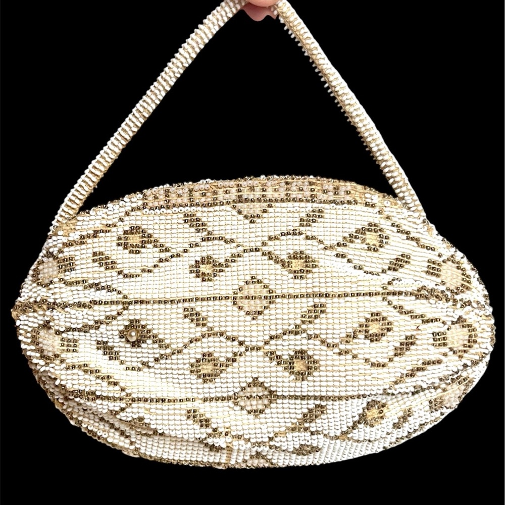 Vintage Beaded Purse Wedding Purse Ivory Silver Bead Wristlet Evening Bag Czech
